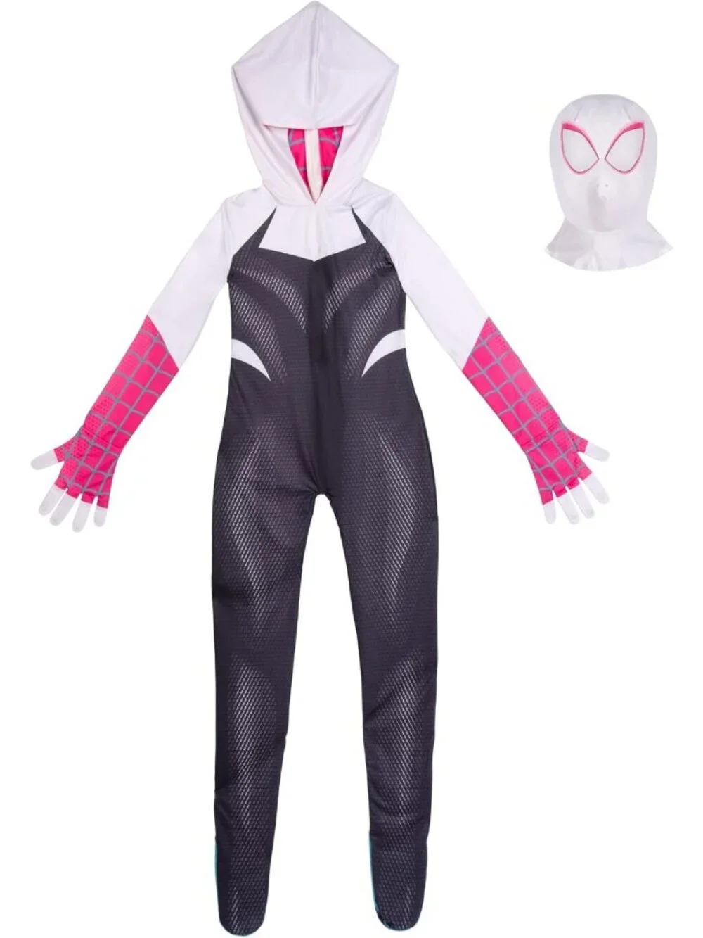 Youth Spider-Gwen Costume - Hooded Spandex Jumpsuit & Mask, Fun Superhero Outfit